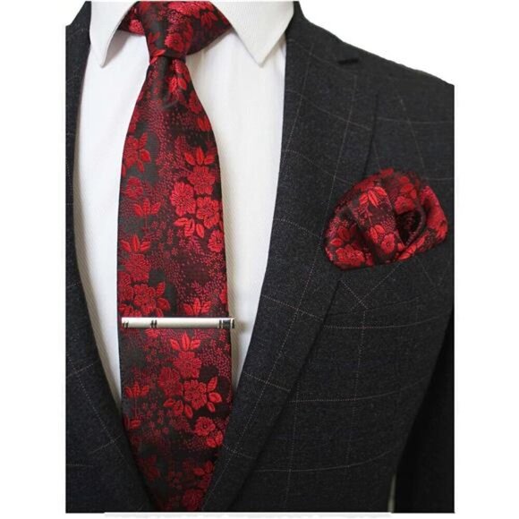Floral Necktie and Pocket Square Tie Clip Sets for Men - Picture 1 of 4